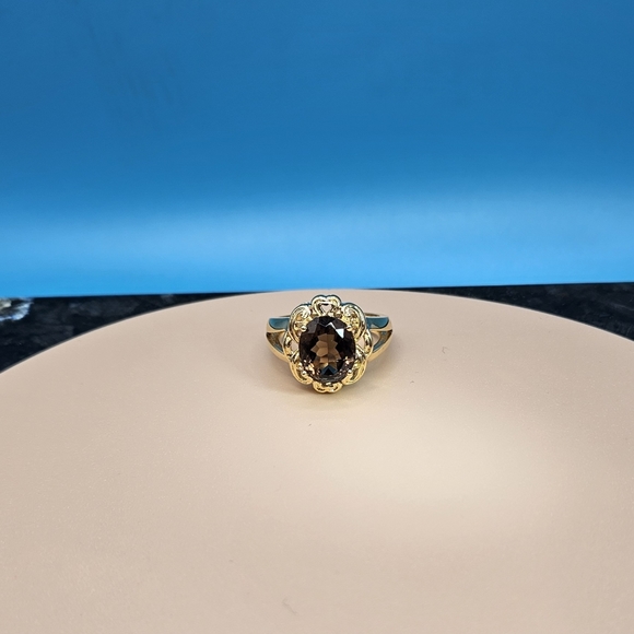 Smokey Quartz brilliant oval cut ring 14k gold 6-3/4 size - Picture 8 of 16